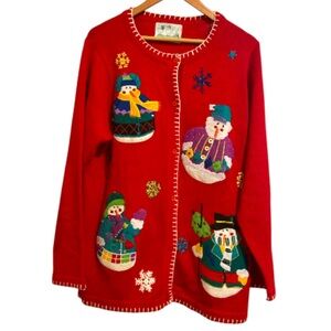 Quacker Factory Sweater Womens L Red Snowman Ugly Christmas Applique